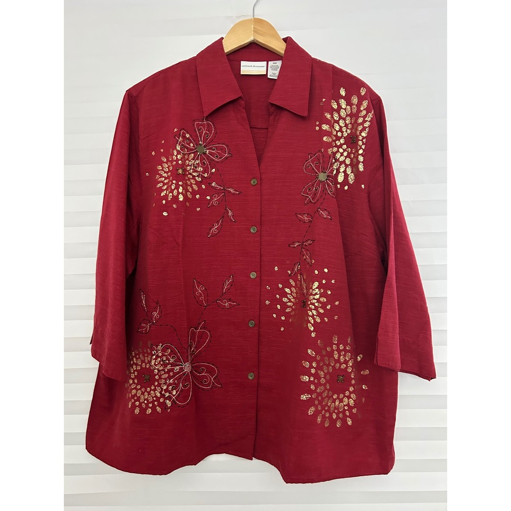 Alfred Dunner BRKRed Floral Embroidered Gold Foil Blouse 24W NWT 3/4Sleeve Shirt